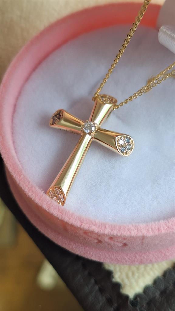 Χρυσός Σταυρός Βάπτισης με Πέτρες και Αλυσίδα 14 Καράτια