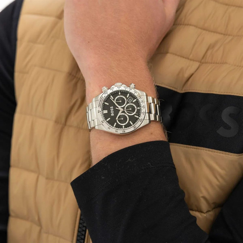BOSS Hero  BOSS 1514267  ανδρικό ρολόι  chronograph watch  stainless steel bracelet  silver bracelet watch  black dial watch  43mm watch  Hugo Boss ανδρικό ρολόι