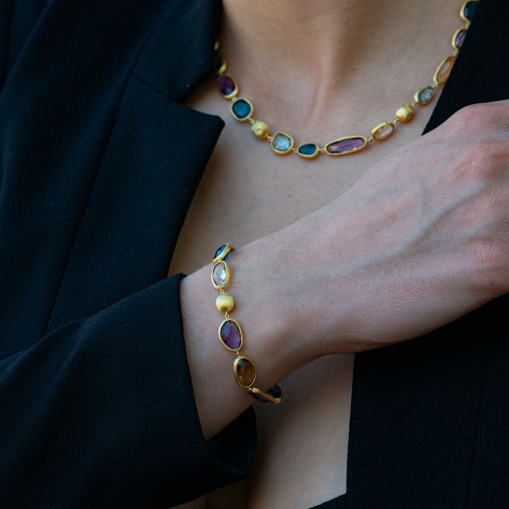 κολιέ, ορυκτές πέτρες, χρωματιστές πέτρες, χρυσό Κ14, ματ φινίρισμα, αμέθυστος, London Blue Topaz, Citrine, Aquamarine, 45cm, κομψό, χειροποίητο, σετ κοσμημάτων, βραχιόλι, δώρο, premium, πολυχρωμο, elegant, fashion, γυναικείο κοσμήμα, μοναδικό σχέδιο, δια