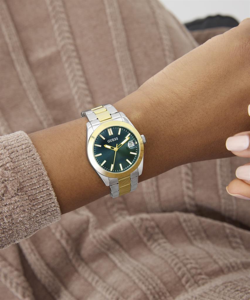 GUESS, Alice, Two Tone, Stainless Steel, Bracelet, GW0934L3, πολυτελές, δίχρωμο, χρυσό, ασημί, βραχιόλι, γυναικείο, ανοξείδωτο ατσάλι, minimal, μοντέρνο, πράσινο καντράν, χρυσοί δείκτες, ακριβείας, quartz, κομψότητα, στυλ, εκλεπτυσμένο, διακριτική, καθημε