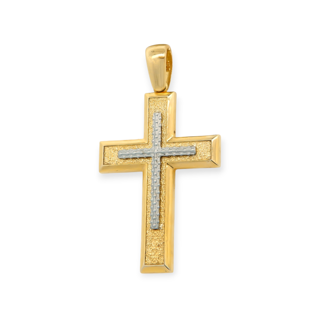 σταυρός, cross, 14k gold, χρυσός, crucifix, two-tone, white gold, jewelry, pendant, handcrafted, unique, detailed, religious jewelry, gift, elegant, classic design, textured gold, size 4.5 cm, size 4.5x2.6 cm, width 2.6 cm, thickness 0.7 cm, weight 7.6 g,