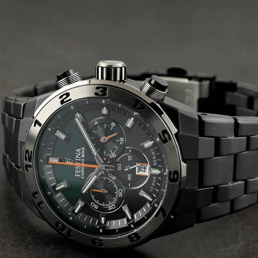 Festina, Chrono Bike, Special Edition, ανδρικό ρολόι, χρονογράφος, ανοξείδωτο ατσάλι, μαύρο πράσινο, ντεγκραντέ καντράν, 44,5mm, αδιάβροχο 100m, gift box, extra λουράκι.