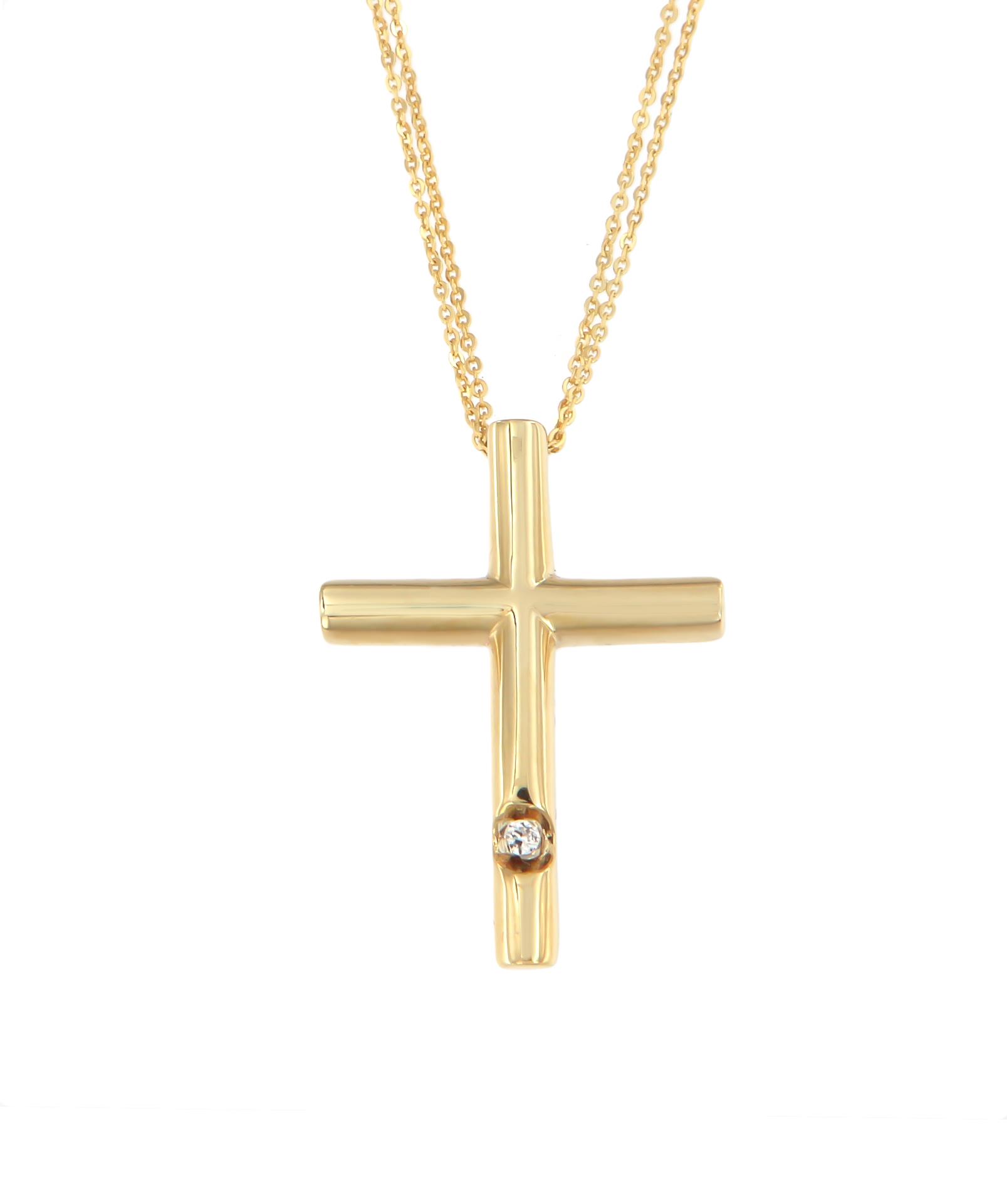 Χρυσός Βαπτιστικός Σταυρός Μοντέρνος με Zircon & Διπλή Αλυσίδα 14 Καράτια