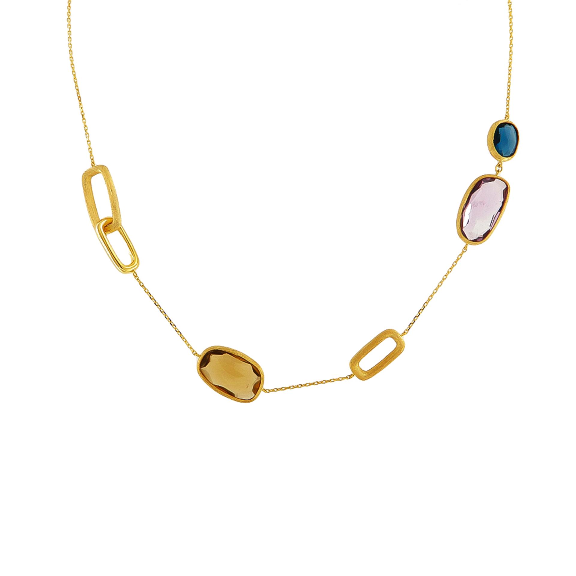 Χρυσό Ματ Κολιέ με Αμέθυστο, London Blue, Citrine, 14 Καράτια