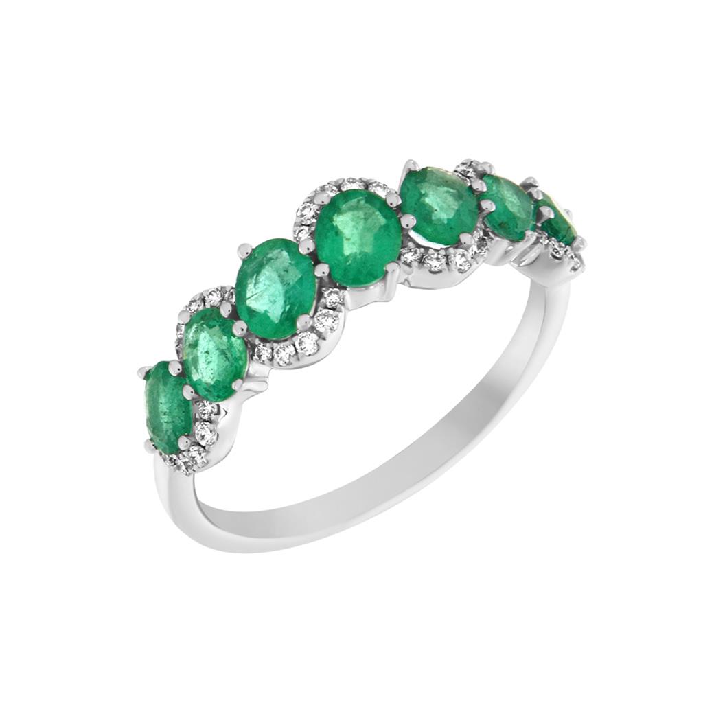 Diamond half-length ring with emeralds, white gold K18