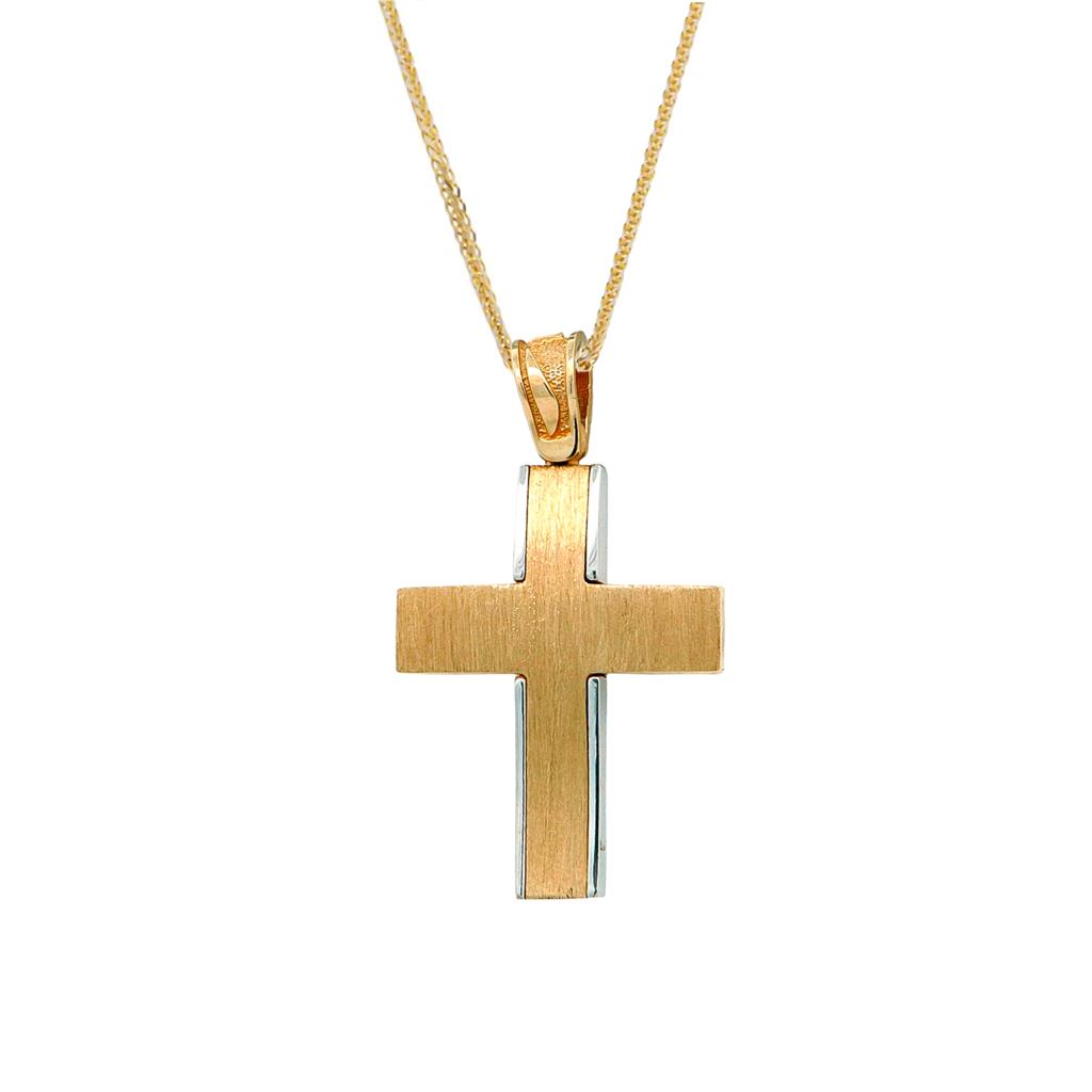 Χρυσός Σταυρός Βάπτισης για Αγόρι 14K Ματ με Λευκόχρυσες Λεπτομέρειες
