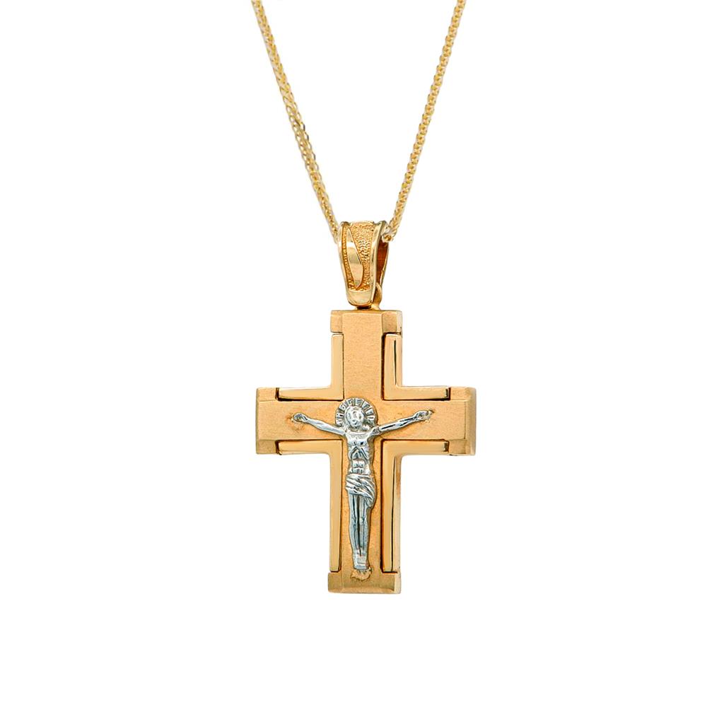 Χρυσός Σταυρός Βάπτισης για Αγόρι 14K Ματ με τον Εσταυρωμένο