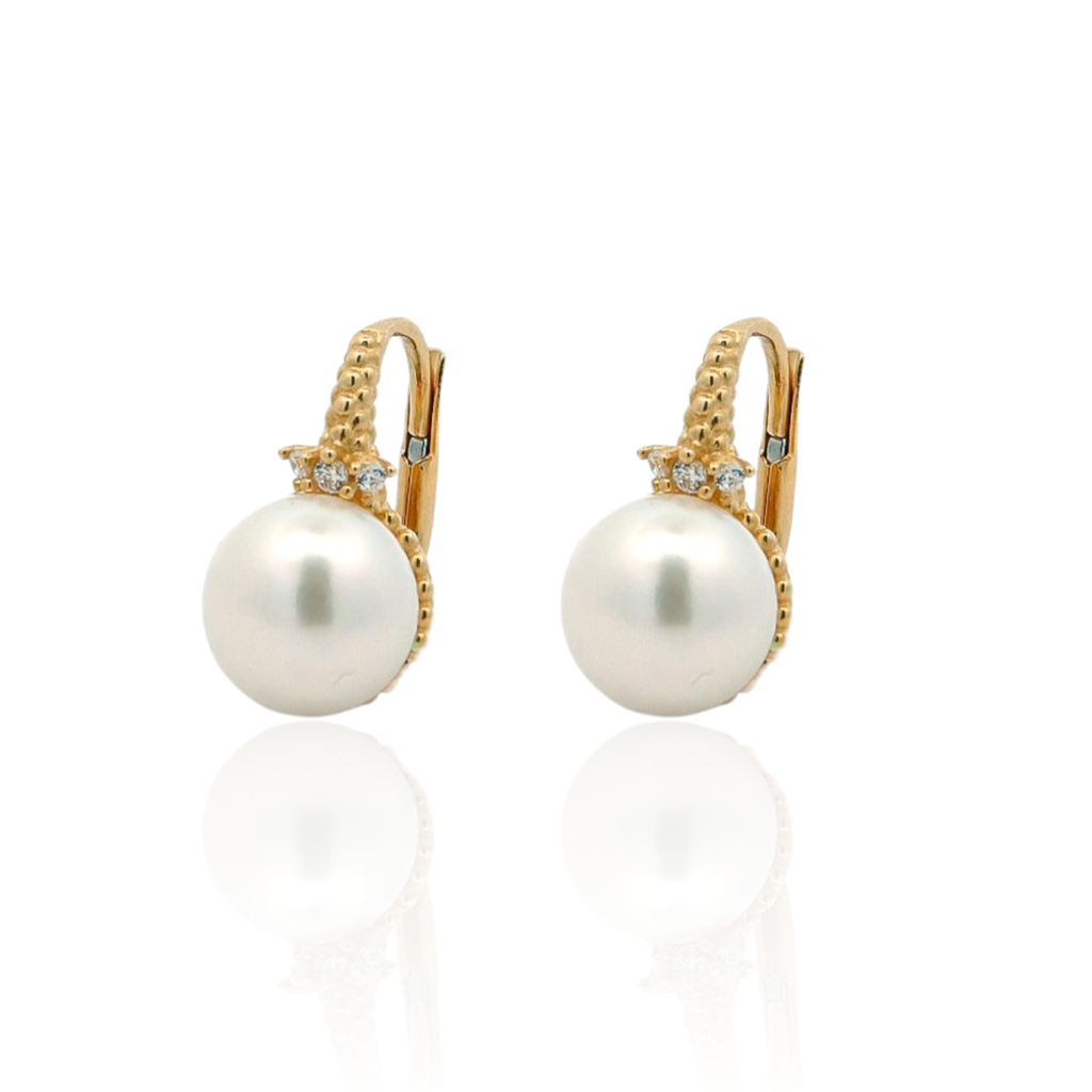 14K Gold Drop Earrings with Pearls & Zircon – Beaded Gold Detail