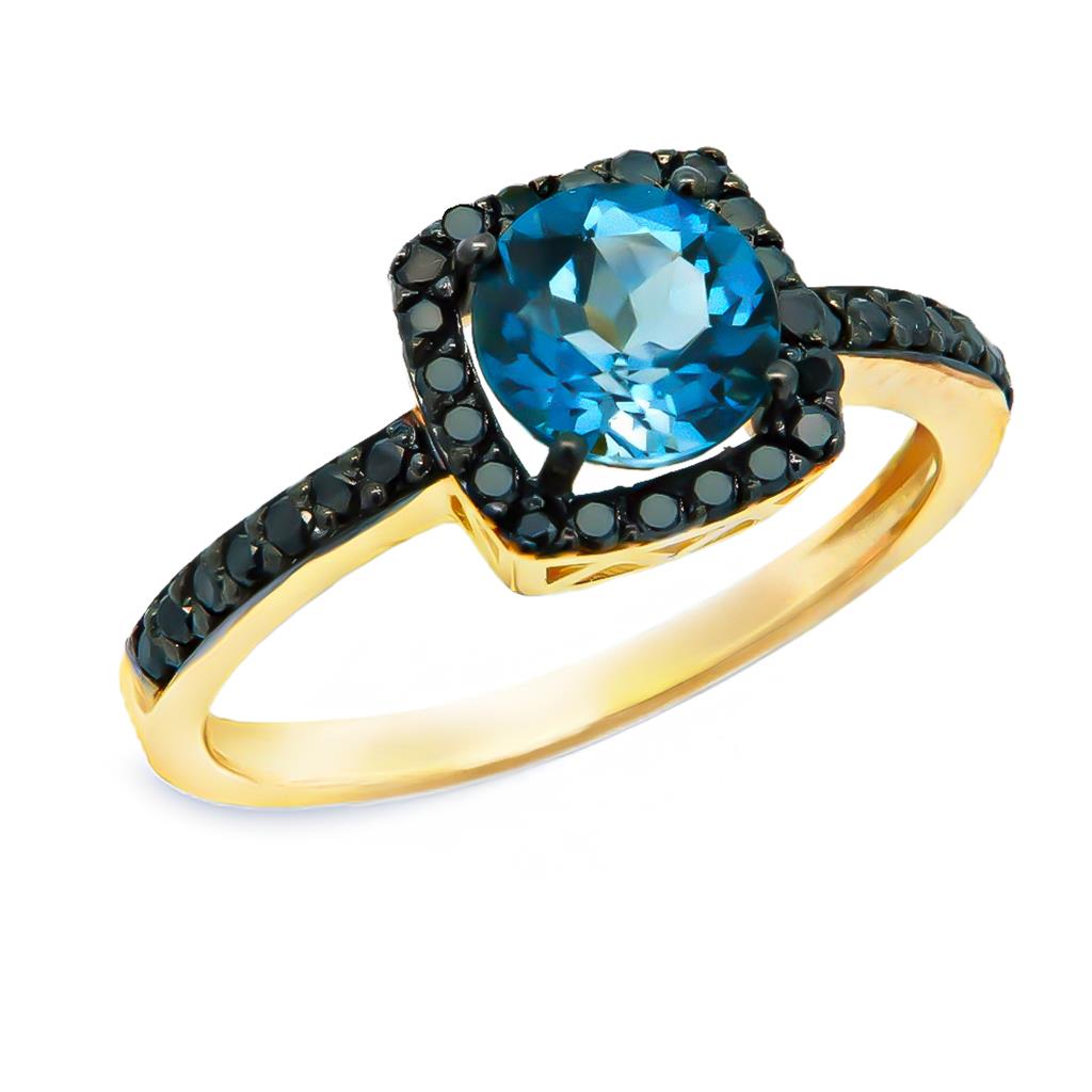 Δαχτυλίδι K14 Χρυσό με London Blue Τοπάζι και Μαύρα Ζιργκόν