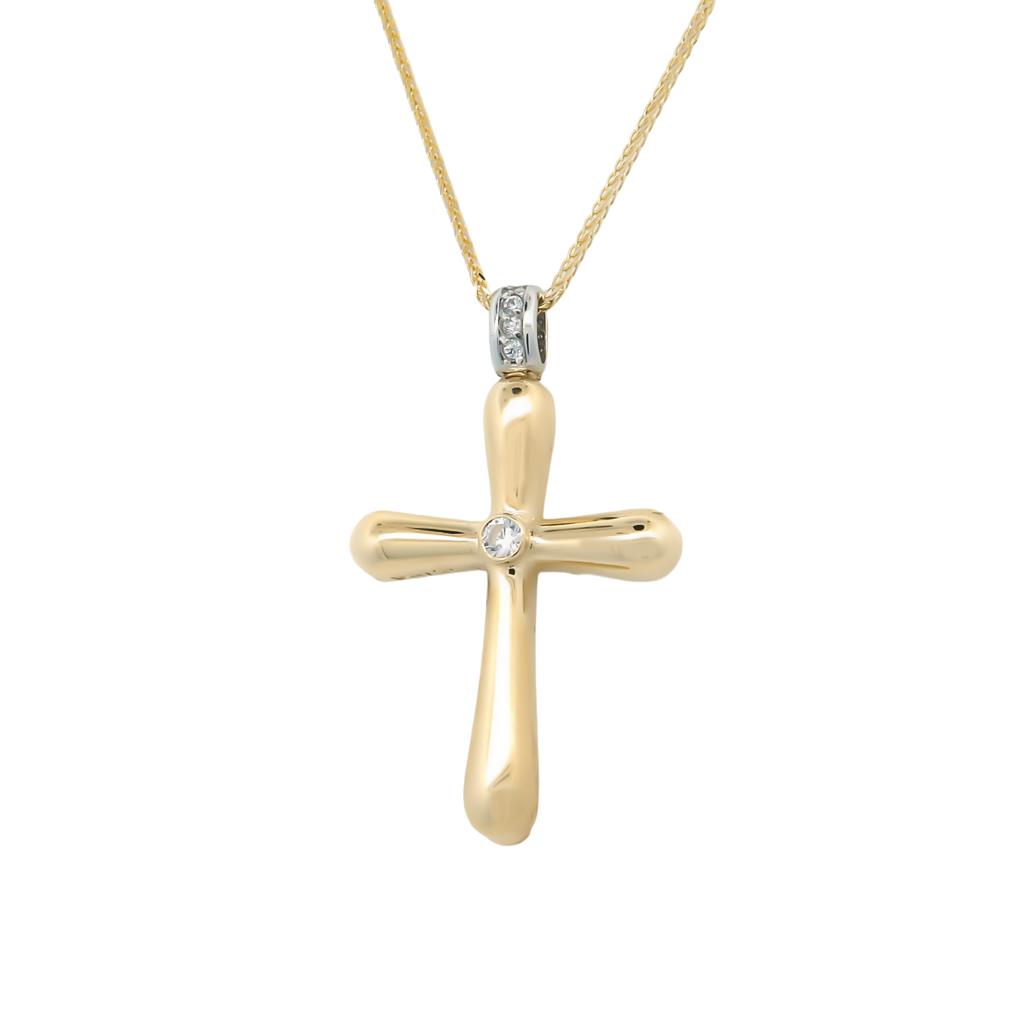 Χρυσός Σταυρός Κ14  με Λευκόχρυσες Λεπτομέρειες και Πέτρες