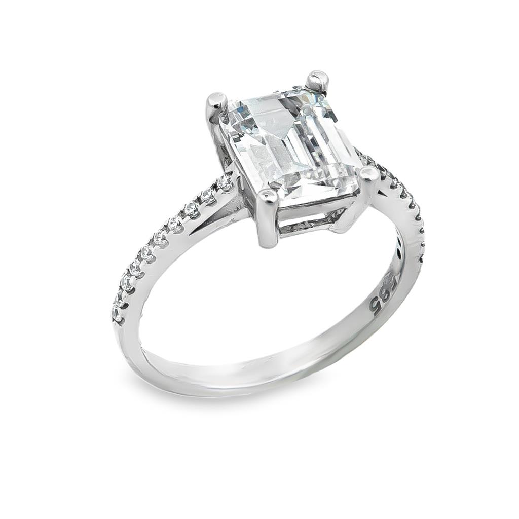Λευκόχρυσο Δαχτυλίδι Κ14 με Μεγάλη Λευκή Πέτρα Emerald Cut και Ζιργκόν