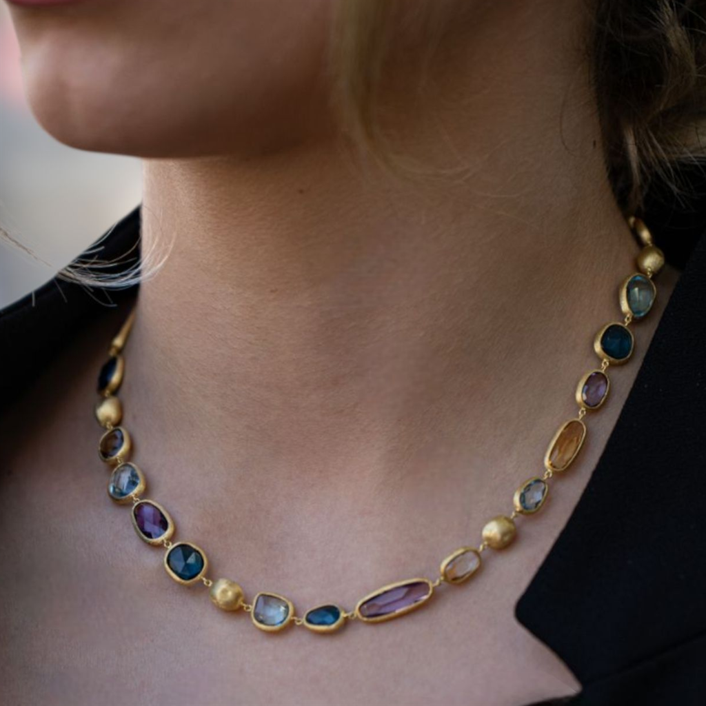 Κολιέ Χρυσό Ματ με Ορυκτές Χρωματιστές Πέτρες & Χρυσό Κ14 Ματ – Amethyst, London Blue, Citrine, Aquamarine